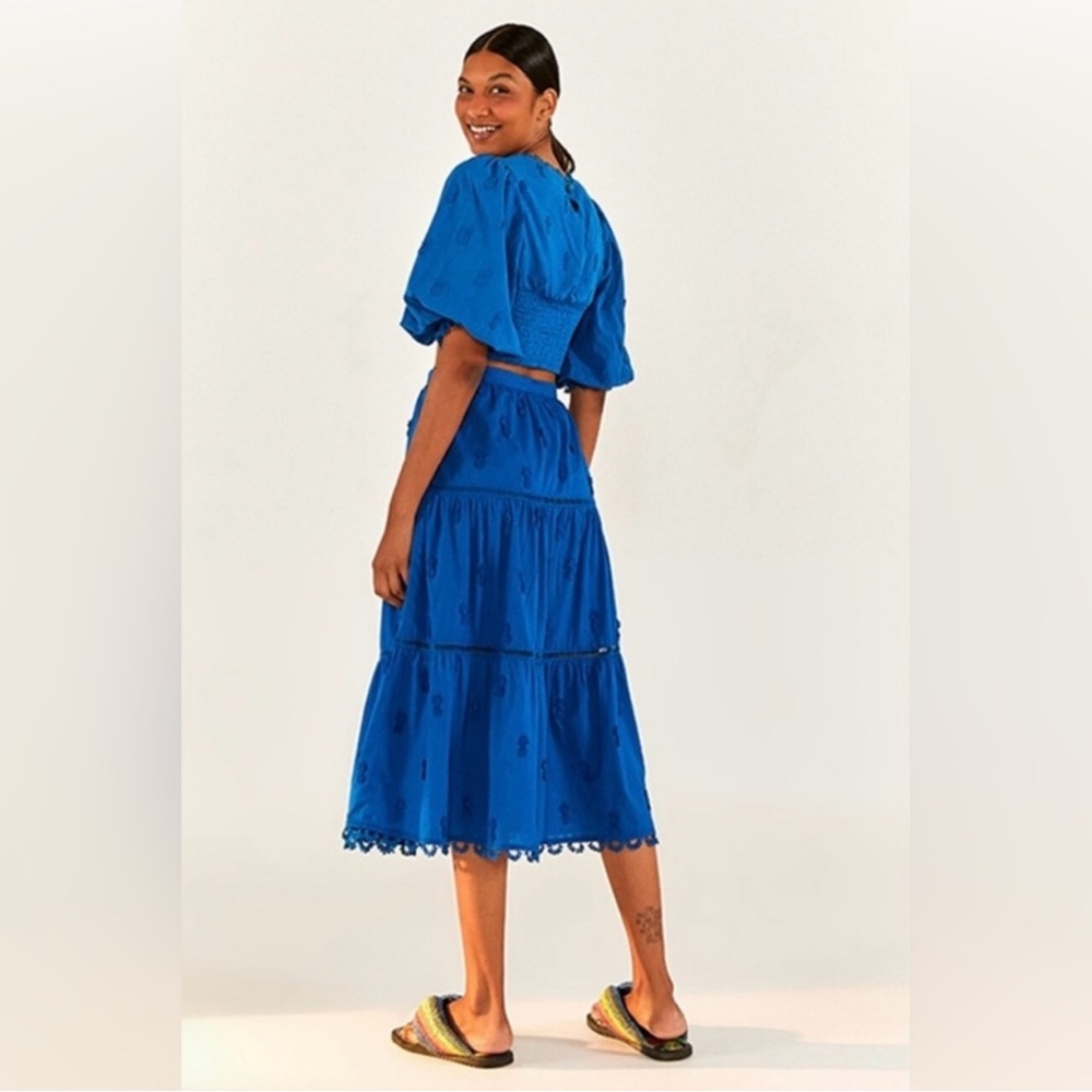 FARM Rio Blue 3D Pineapple Embroidered Midi Skirt Pom Pom Hem A-Line Size S NEW - Picture 3 of 12